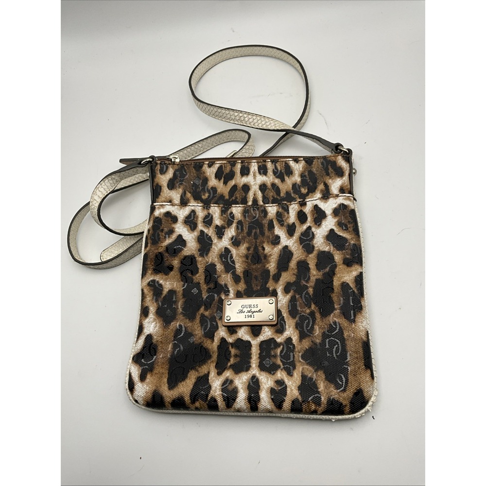 Guess Leopard Print Logo Crossbody Messenger Bag Adjustable Strap Brown Tan
